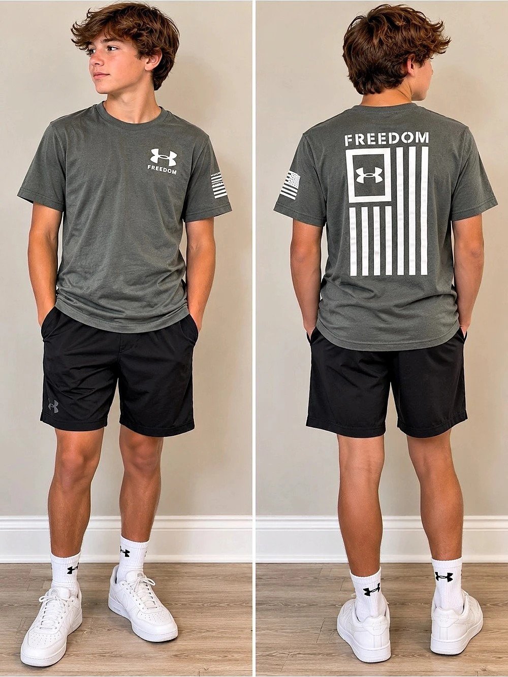 UNDER ARMOUR Freedom Flag Graphic T-Shirt Army Green Youth XL